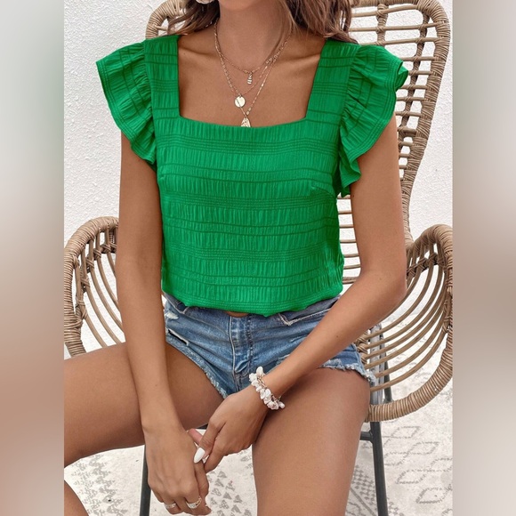 🩵 textured square neck flutter short sleeve boho blouse - Picture 3 of 6